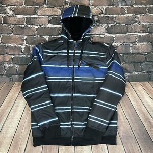 Vintage No Fear Full Zip Hoodie Sherpa Fleece Lined Black Blue Striped Size XL